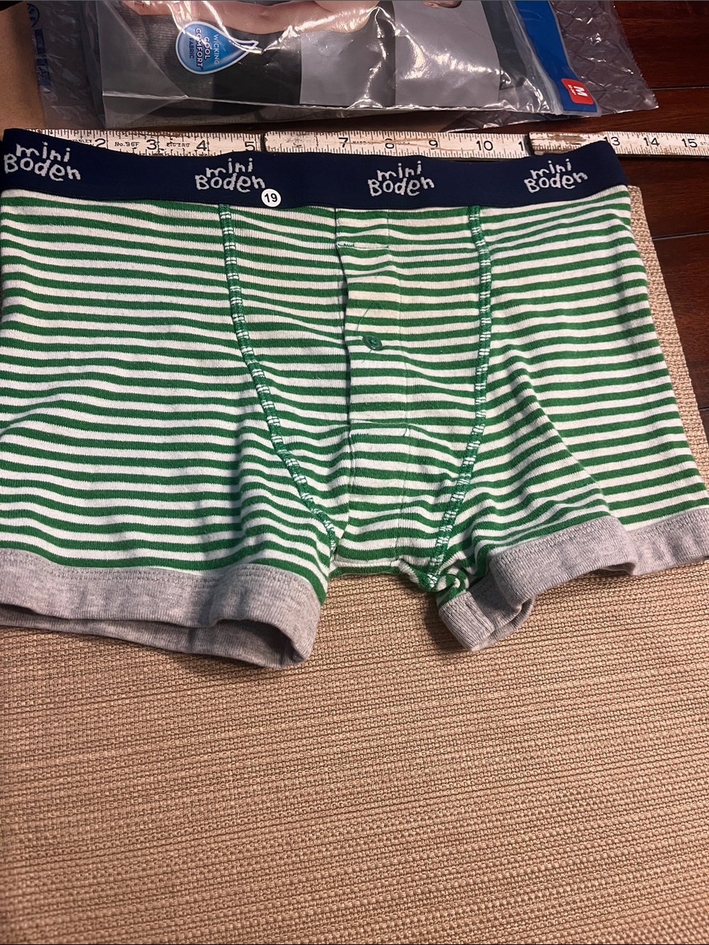 .19.  Mini Boden Navy Waistband Green & White Striped Boxer Briefs